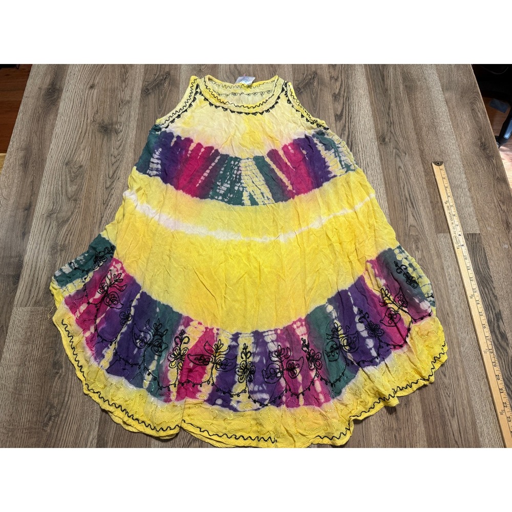 Ocean Breeze Dress Womens Free Size Yellow Tie Dye Embroidered Sleeveless Rayon